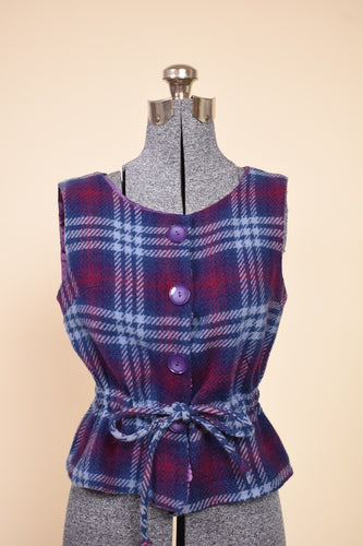 Purple 70s Wool Shell Plaid Button Up Top: Shown from Front