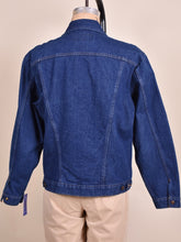 Load image into Gallery viewer,  Dark Wash Western Denim Jacket By Wrangler as shown from the back
