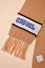 Load image into Gallery viewer, Caramel 90s Camel Cigarette Scarf: Detail Shot of &quot;Camel&quot; Logo and Fringe
