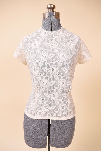 Cream Lace Sheer High-Neck Top, M/L: Shown from Front