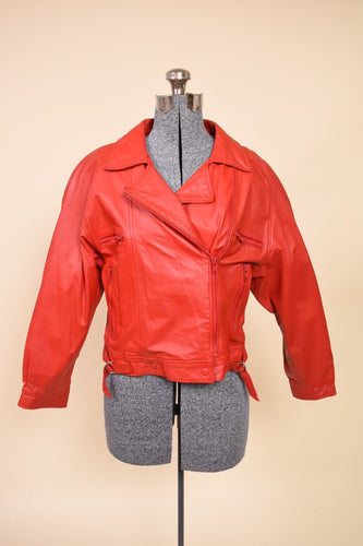 Red 1980s Cropped Leather Moto Jacket: Shown from front