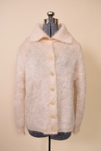 Cream Mohair Fuzzy Knit Cardigan By Jaeger. Pictured from front.