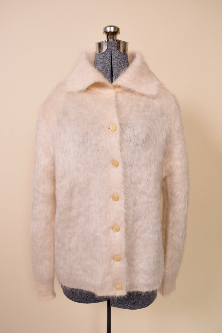 Cream Mohair Fuzzy Knit Cardigan By Jaeger. Pictured from front.