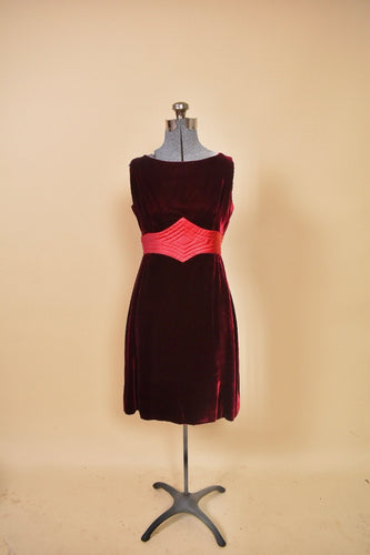 60s Red Velvet Dress with Satin Detail By Pat Richards. Pictured from front.