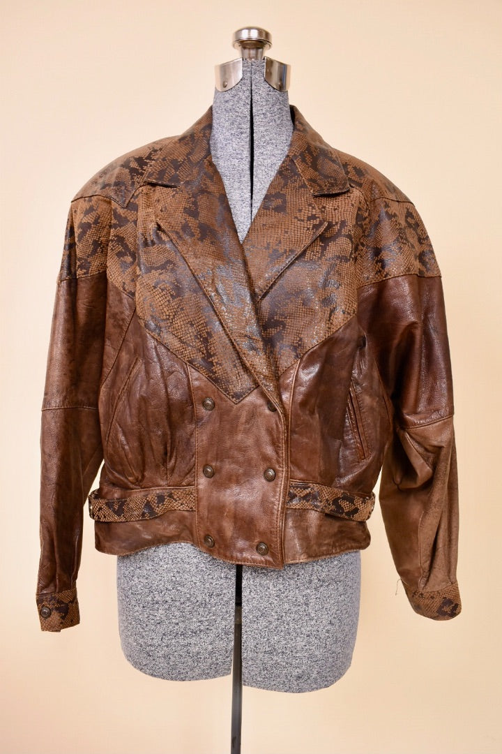 Brown Leather Snake Dolman-Cut Jacket By Global Identity, L: Shown from Front