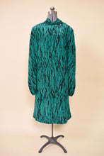 Load image into Gallery viewer, Designer Teal and Black Silk Midi Dress by Pauline Trigere, L: Shown from Front
