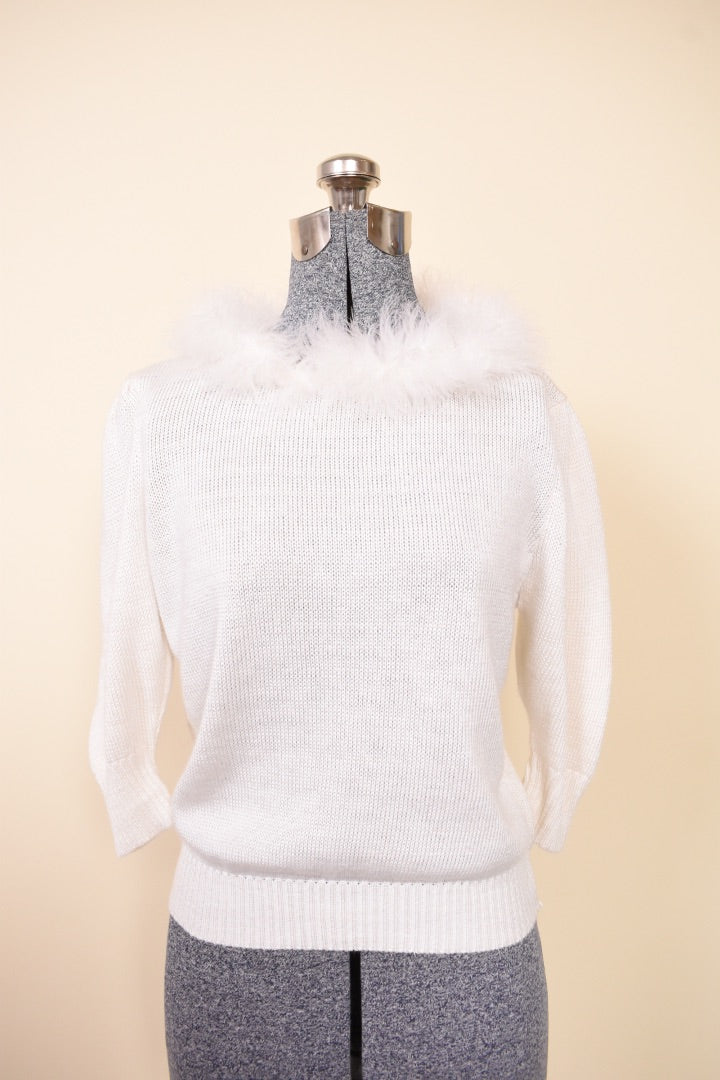 Swan Top — USA-made 3/4-sleeve white knit feather-collar top by Jane Adams Knitwear, M: Shown from Front