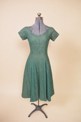 Green Late 1950s Lace Party Dress, XS: Shown from Front