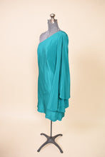 Load image into Gallery viewer, Orolestes Dress — Y2K one-shoulder teal silk dress by Nicole Miller, S/M: Shown from Side
