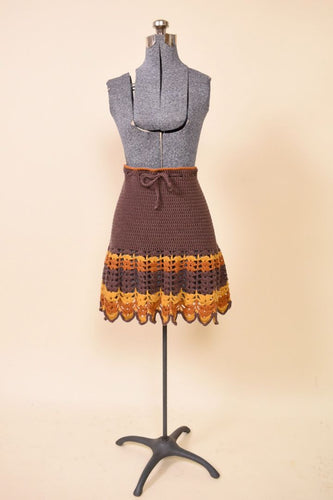 Brown, Orange, and Yellow Crochet Tie Waist Skirt : Shown from Front