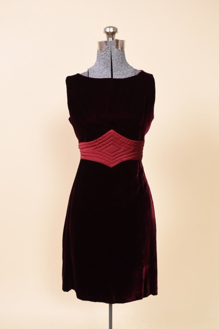 60s Red Velvet Dress with Satin Detail By Pat Richards, XS/S: Shown from Front