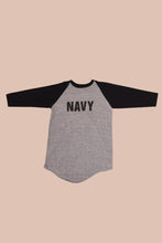 Load image into Gallery viewer, Grey &quot;Navy&quot; Baseball Sleeve Tee Shirt By Sportswear, XL: Shown from Front
